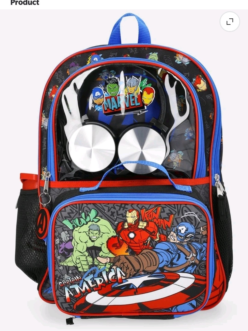 Marvel Black Backpack Set with Lunch kit, Headphones and Water Bottle